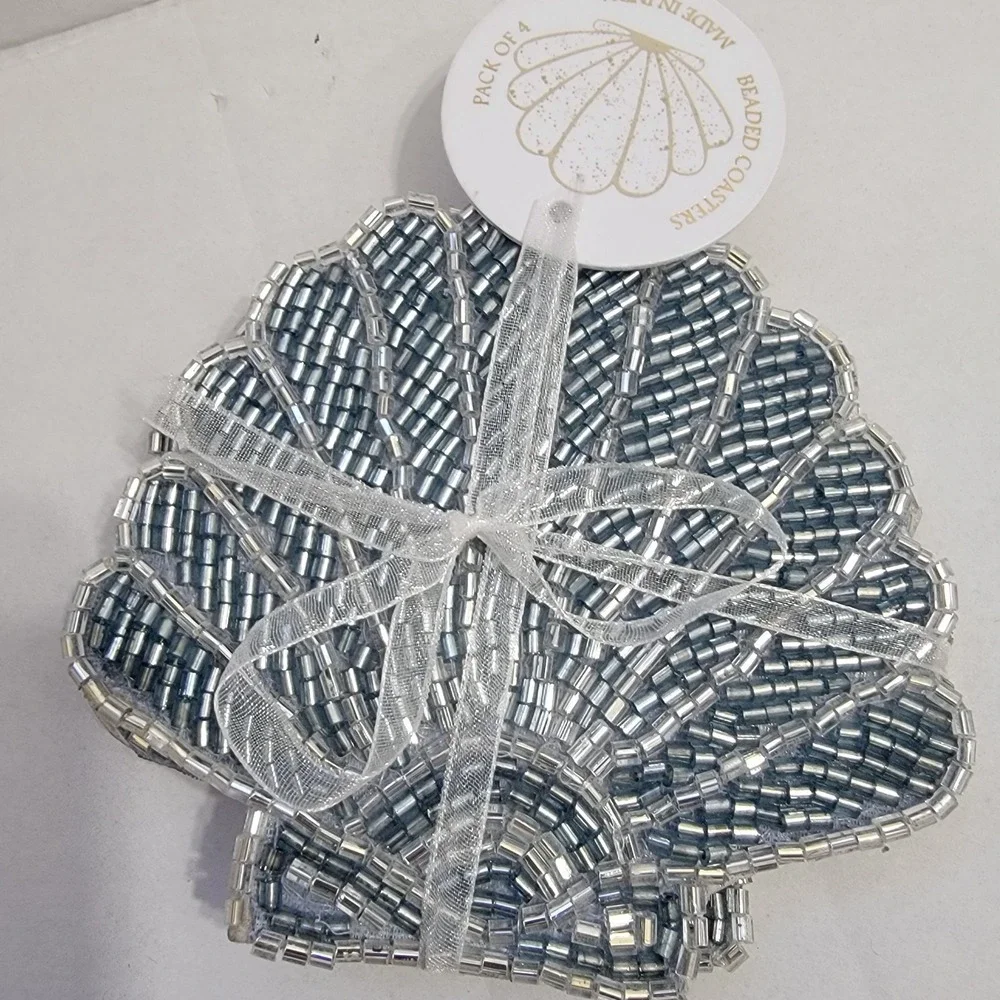 NEW! Beaded Blue Sea Shell Coasters Set of 4‎ Satin Back Made In India